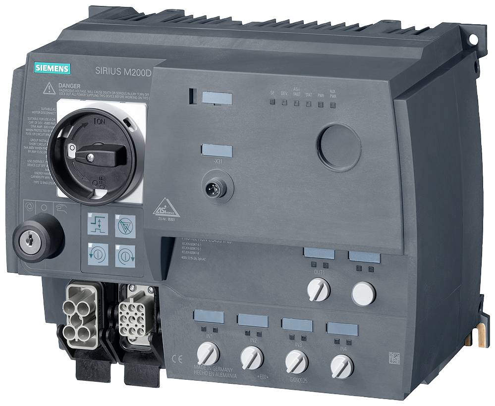 Industrijska stikalna naprava Siemens, model SIRIUS M200D, z različnimi stikali, priključki in upravljalnimi gumbi na sprednji strani.