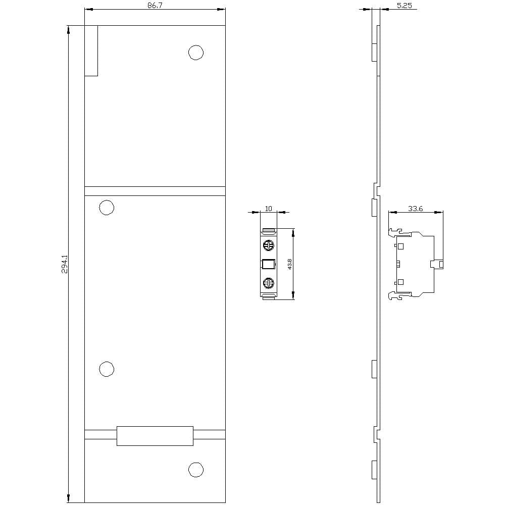 Tehnična risba pravokotnega elementa z dimenzijami 254 x 86,7 mm. Stranski pogled prikazuje višino 52,5 mm, detajli vsebujejo mere za luknje.
