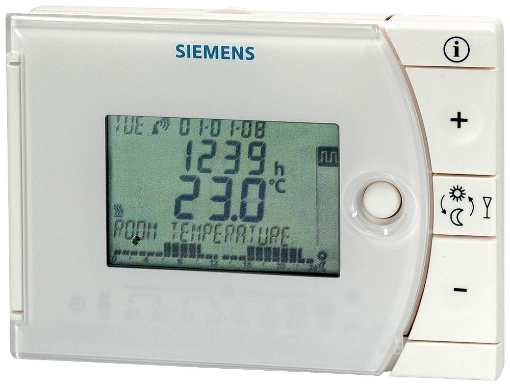 Digitalni termostat z zaslonom: '23,0°C sobna temperatura'. Gumbi za nastavitev temperature in indikatorji funkcij so vidni.