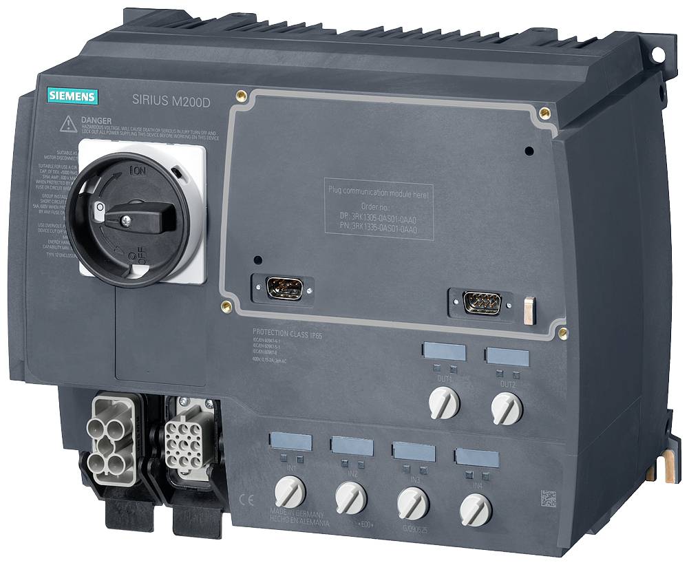 Siemens Sirius M200D motorni zaganjalnik s stikalom, priključki in upravljalnimi gumbi za krmiljenje industrijskih strojev.