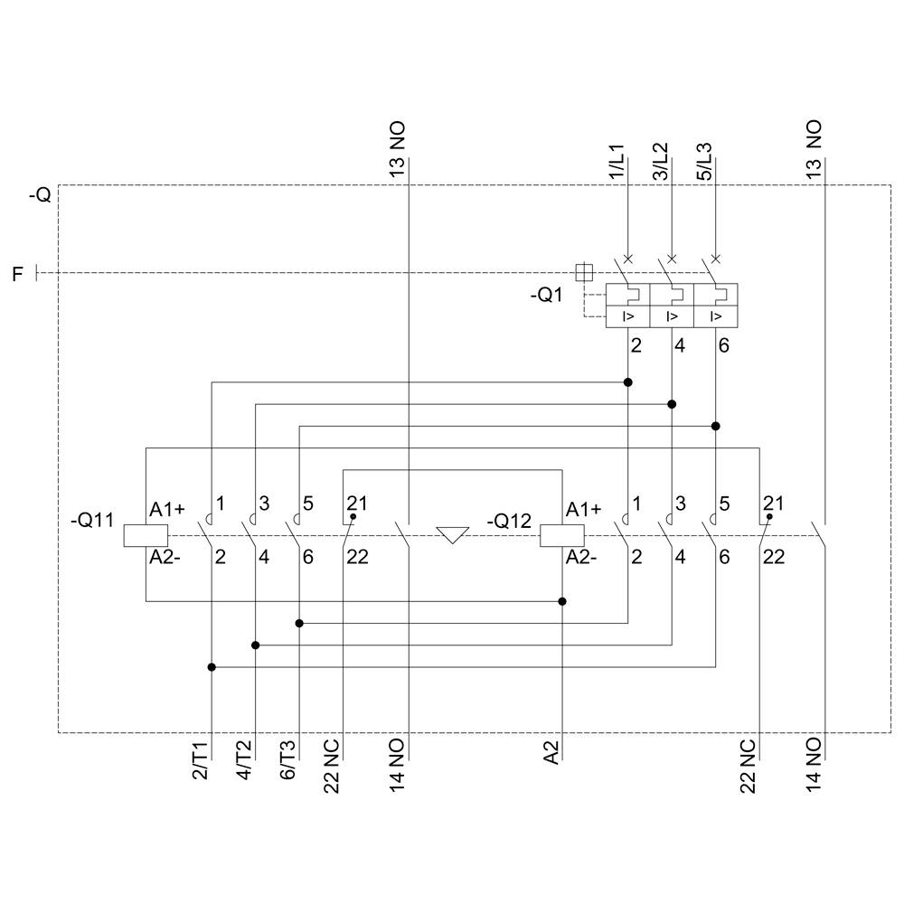 Električna shema sistema z več komponentami in povezavami, ki vključuje simbole relejev in položajev stikal.