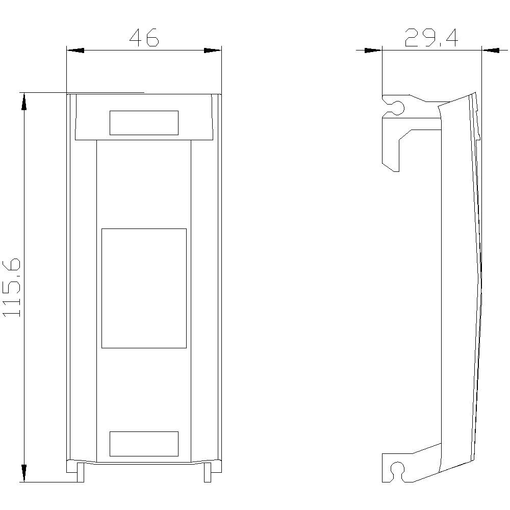 Tehnična risba pravokotnega dela z dimenzijami 46 mm širine, 115,6 mm višine in 29,4 mm globine.