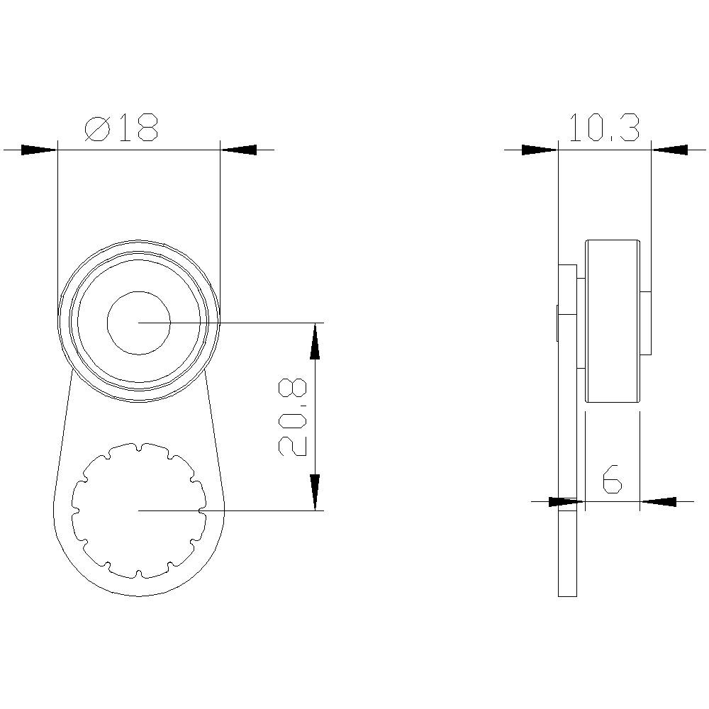 Tehnična risba okroglega dela z merami: premer 18 mm, višina 10,3 mm, širina nosilca 6 mm, skupna višina 20,8 mm.
