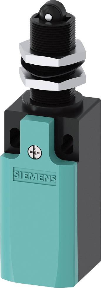 Siemensov električni stikalo pravokotne oblike, pretežno turkizne in črne barve, z vzmetnim modulom na zgornji strani.