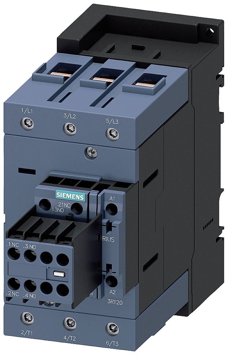 Moder Siemensov kontaktor s črnimi in srebrnimi priključnimi sponkami, primeren za industrijske aplikacije pri krmiljenju električnih naprav.
