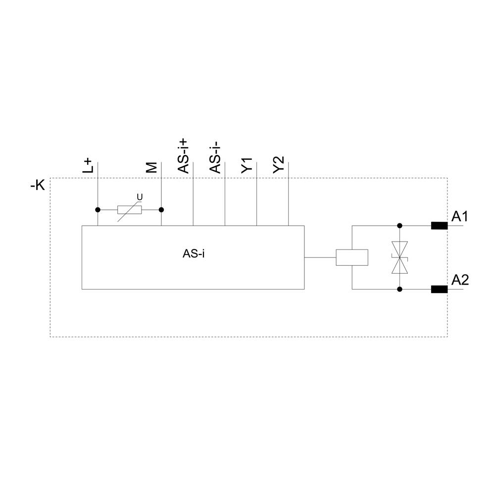 AS-i električna shema: Priklop AS-i, Y1, Y2 na modul; povezava z A1 in A2; prikazuje električni tokokrog.