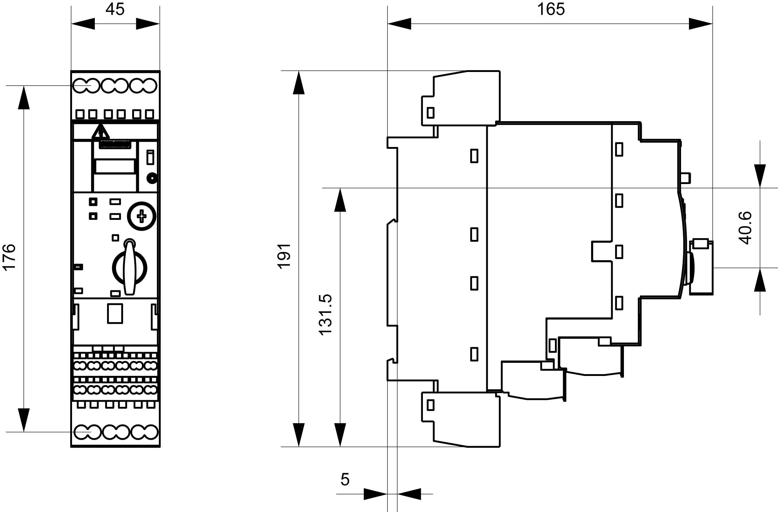 Tehnična risba električnega naprave z merami. Dva pogleda: sprednji (176x191 mm) in stranski (165x40,6 mm).
