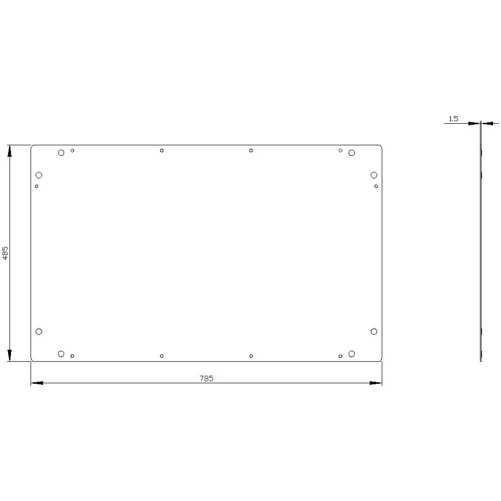 Pravokotni tehnični diagram dimenzij 785 mm x 485 mm. Prikazuje luknje za vrtanje v enakih razdmikih vzdolž robov.