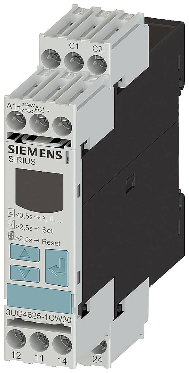 Industrijski elektronski del podjetja Siemens z oznakami 'A1+ 24DC/AC A2-', 'C1 C2', tipkama 'Nastavi' in 'Ponastavi' za nastavitve.