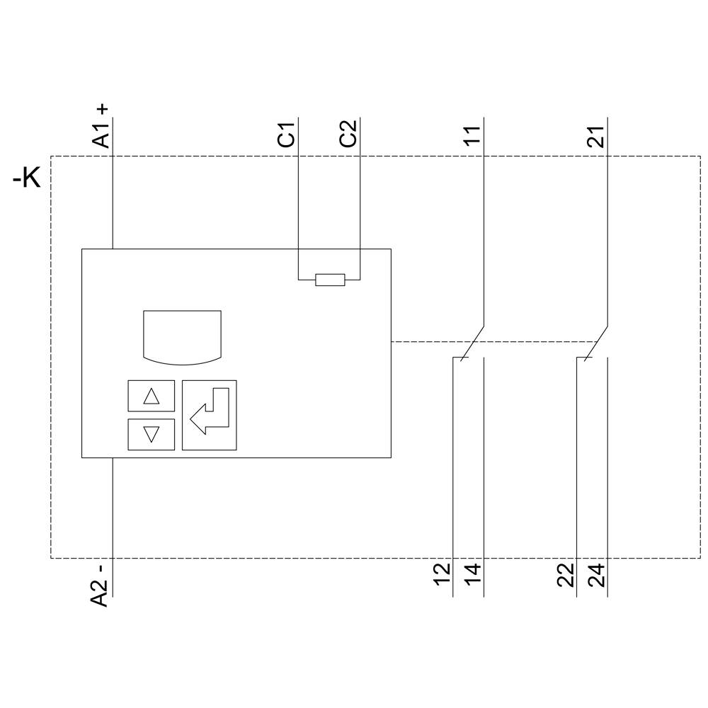 Električna shema prikazuje priključke naprave: A1+, A2-, C1, C2, 11, 12, 14, 21, 22, 24. Simboli za električni tok in upravljalne gumbe.