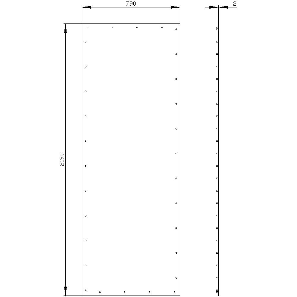Pravokotna jeklena plošča z dimenzijami 2190 mm x 790 mm. Na plošči so vidne enakomerno razporejene luknje na obeh straneh.