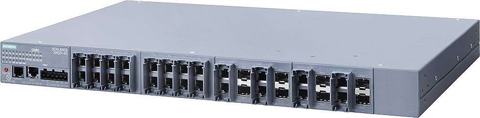 Siv usmerjevalnik z več ethernet vrati. Naprava prikazuje priključke za omrežne kable v vrsti.