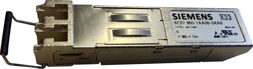 Siemensov SFP-modul z oznako '6ES7 960-1AA05-0XA0'. Primeren za optični prenos podatkov v omrežnih aplikacijah.
