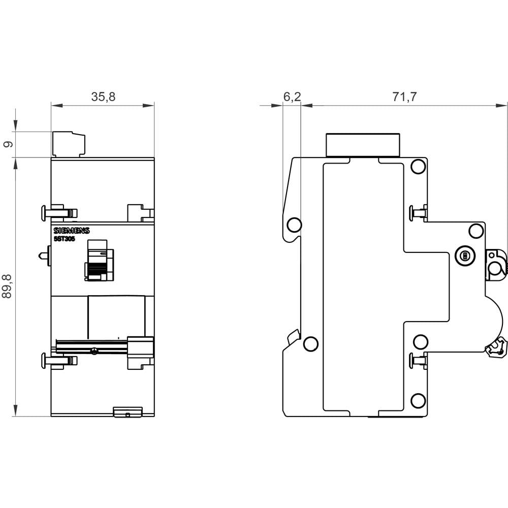 Tehnična risba Siemensovega stikala z dimenzijami 89,8 x 35,8 mm (levo) in 71,7 x 6,2 mm (desno), stranski in čelni pogled.