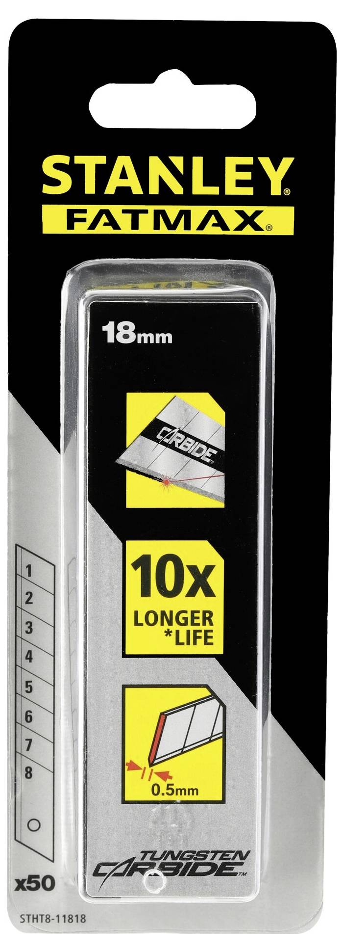 Embalaža Stanley Fatmax rezil 18 mm. Besedilo: '10x daljša življenjska doba', 50 kosov, 0,5 mm debeline. Izdelek za rezalne pripomočke.