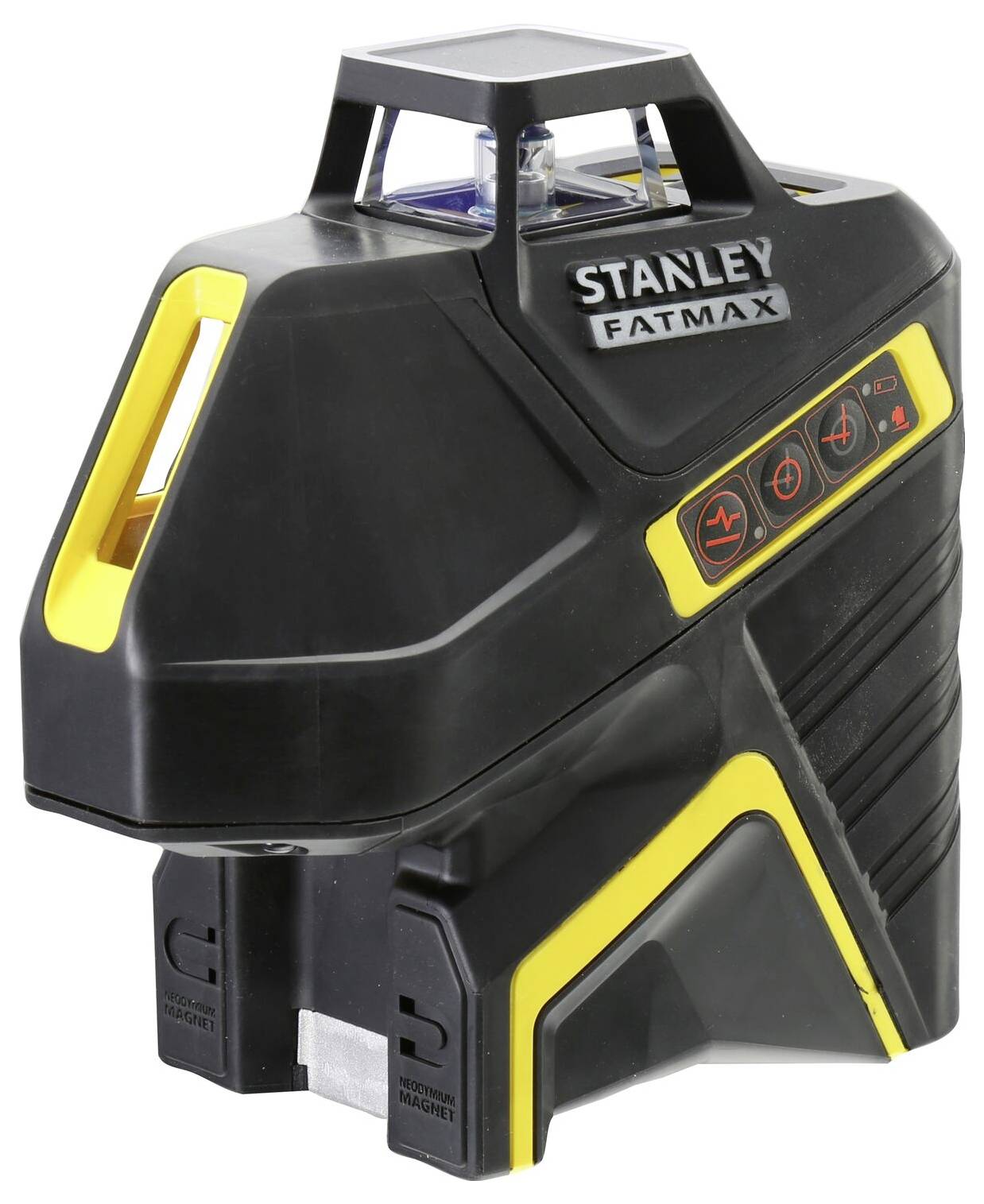 Črn in rumen laserski merilnik razdalje Stanley Fatmax z upravljalnimi elementi in napisom 'Stanley Fatmax'.