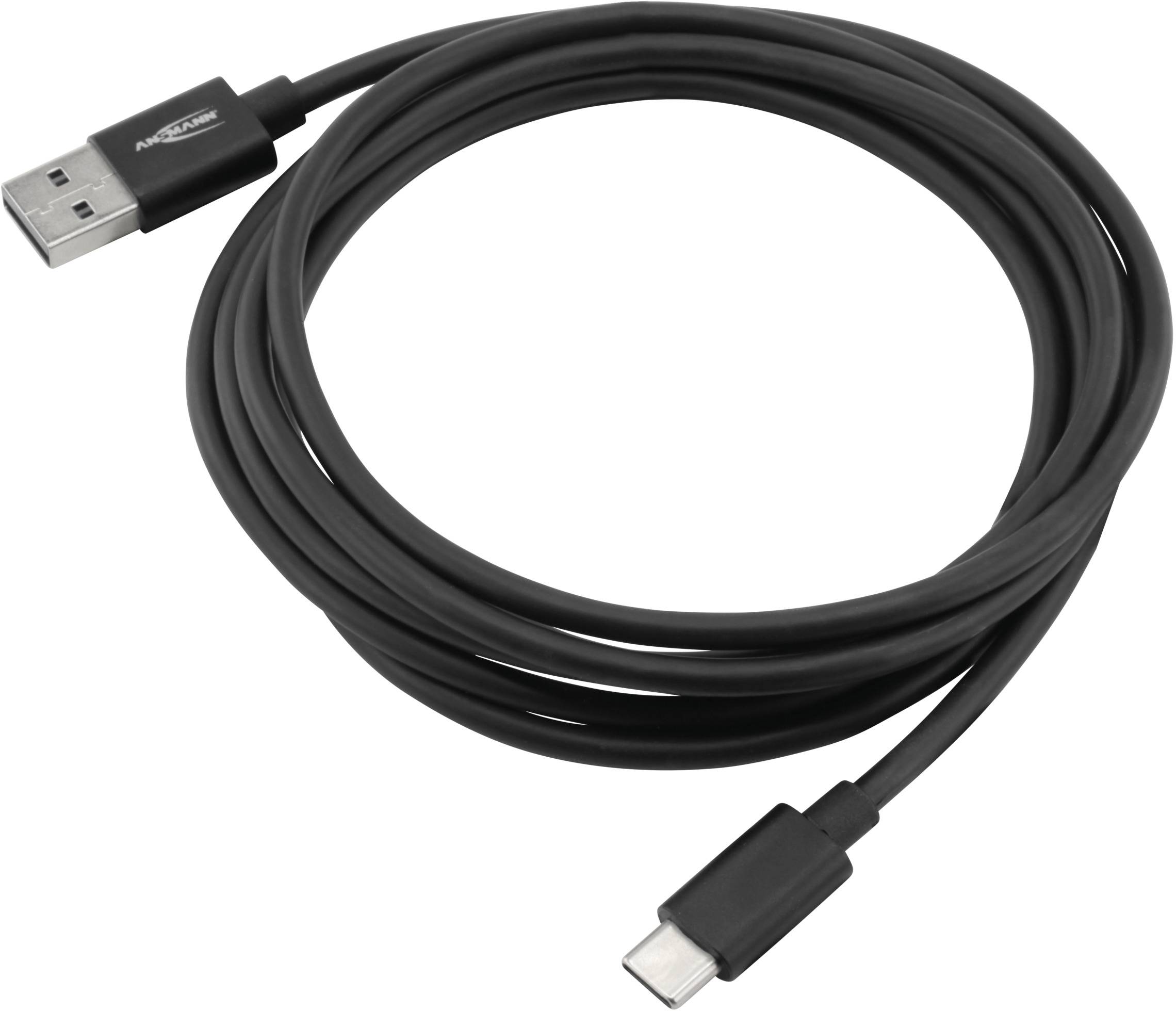 Črn USB kabel z USB-A in USB-C priključkoma, primeren za polnjenje in prenos podatkov elektronskih naprav.