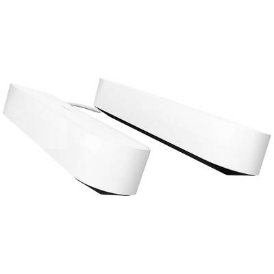 Dva bela, moderna zvočnika pod lebdečim kotom drug glede na drugega. Imata vitko, minimalistično zasnovo.