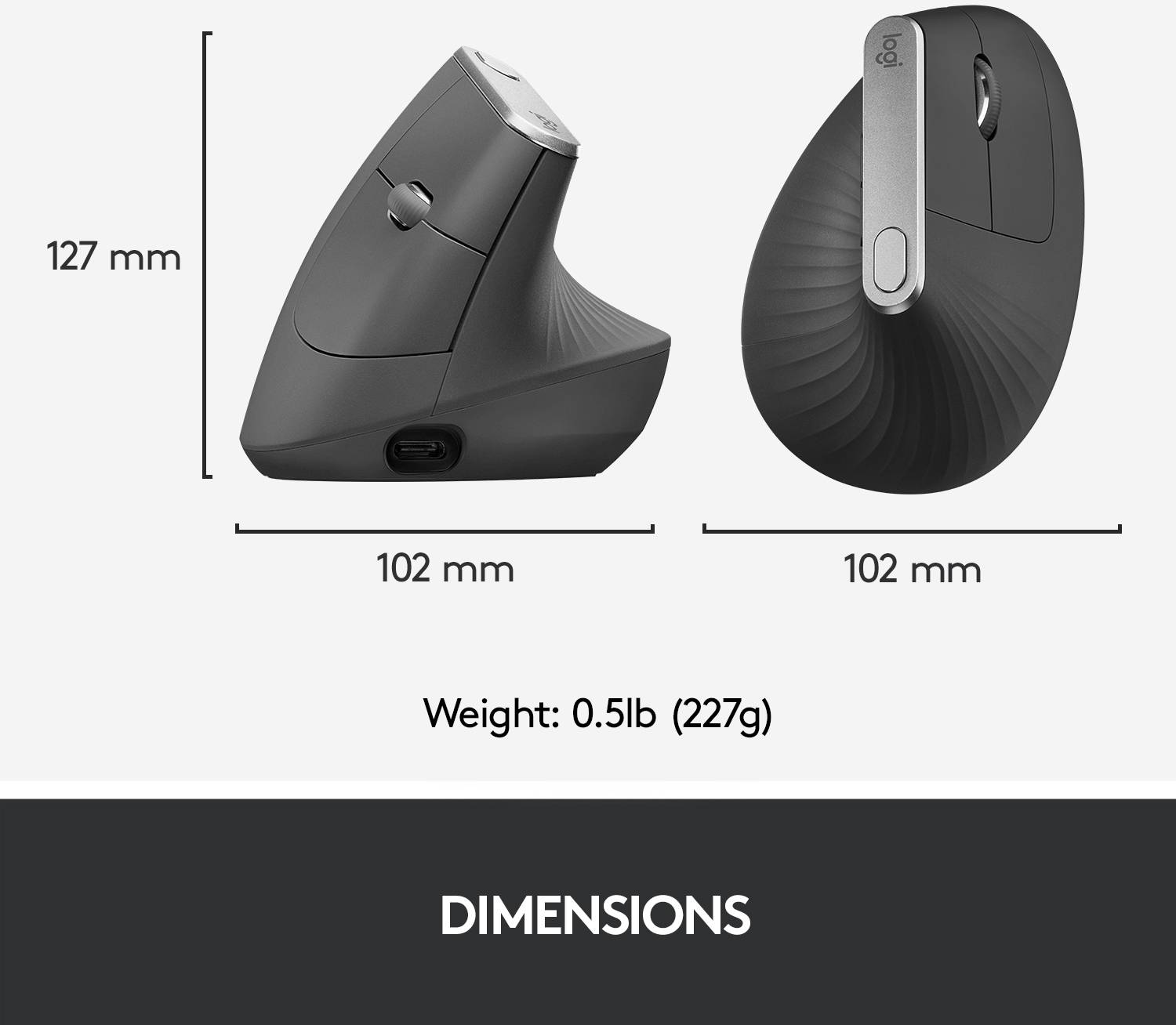 Dimenzije ergonomske miške: Višina 127 mm, širina 102 mm. Teža: 0,5 lb (227 g). Prikazana stranska in zadnja stran.