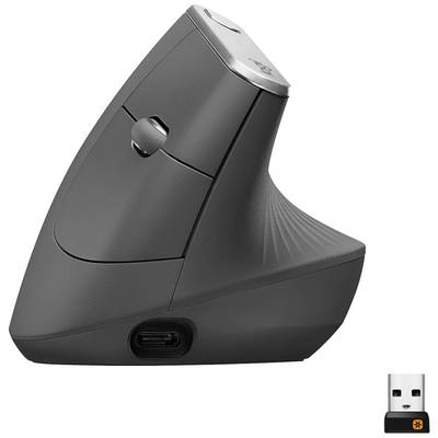 Vertikalna ergonomska računalniška miška v črni barvi z USB-C priključkom in drsnim koleščkom. Opremljena z USB adapterjem za brezžično povezavo.