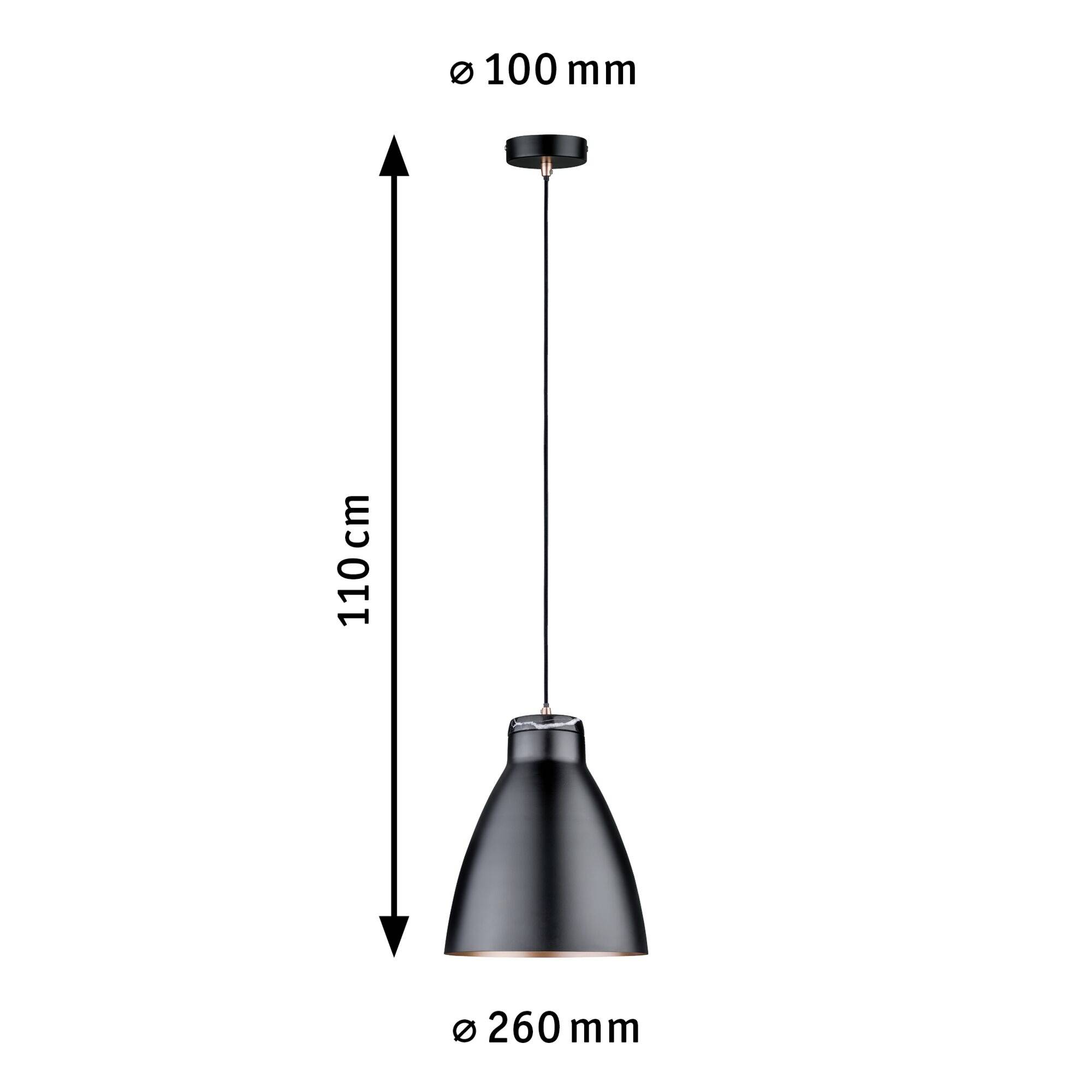 Črna viseča svetilka s premerom 260 mm in variabilno višino 110 cm. Stropno pritrjevanje ima premer 100 mm.