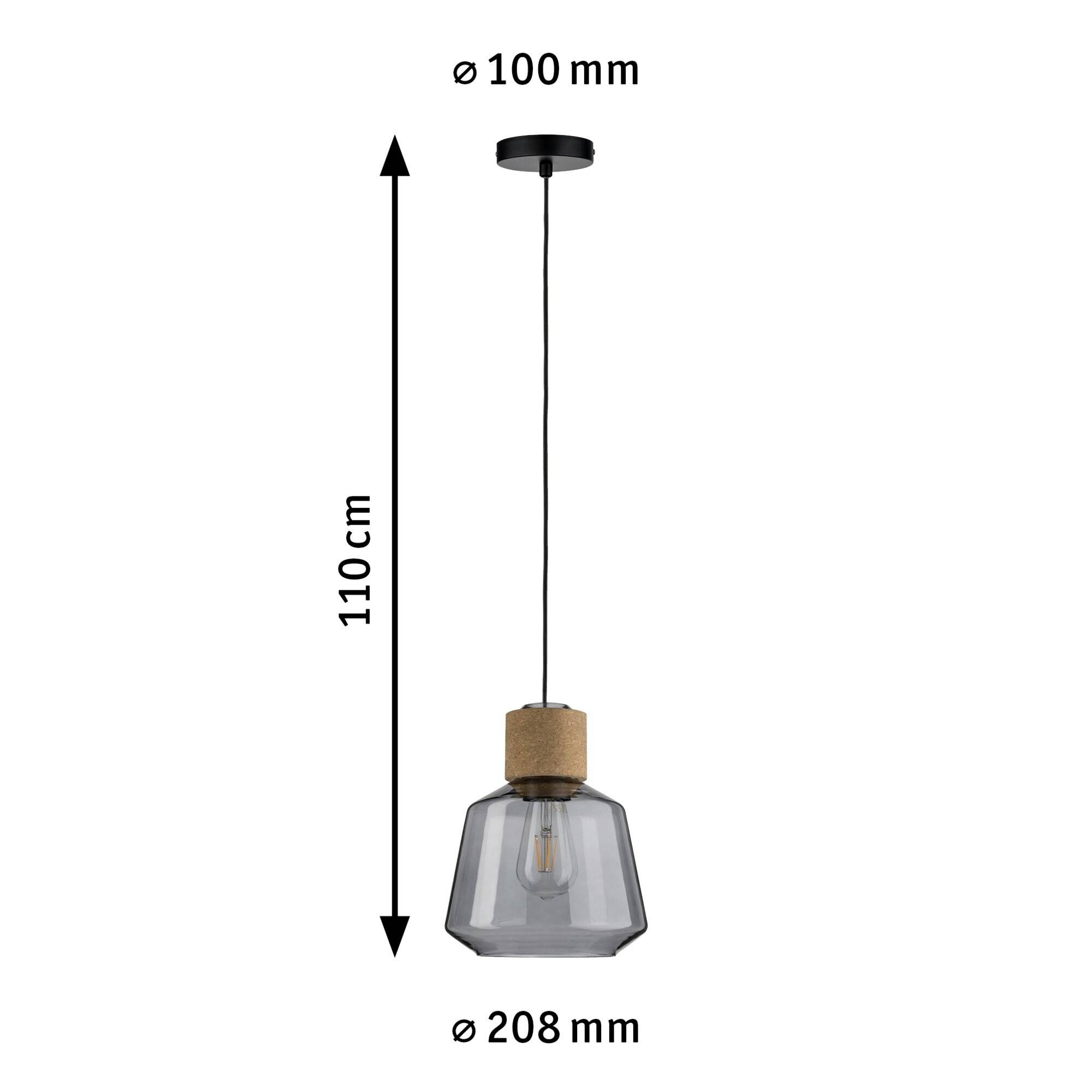 Črna viseča svetilka s steklenim in plutovinastim senčnikom. Višina: 110 cm, premer senčnika: 208 mm, premer stropa: 100 mm.