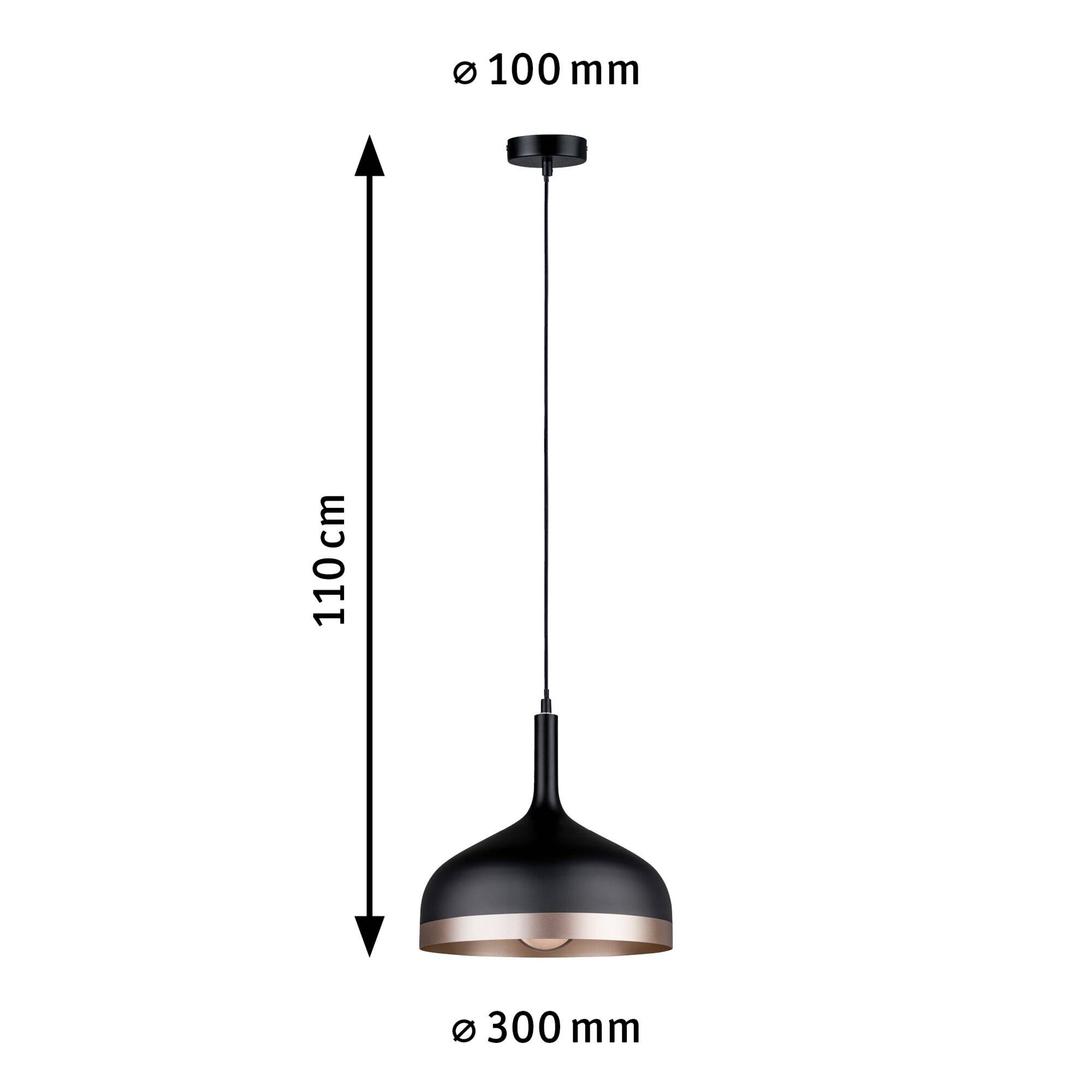 Črno-bakrena viseča svetilka, premer 300 mm, višina 110 cm; premer baldahina 100 mm. Idealna za moderne notranje prostore.