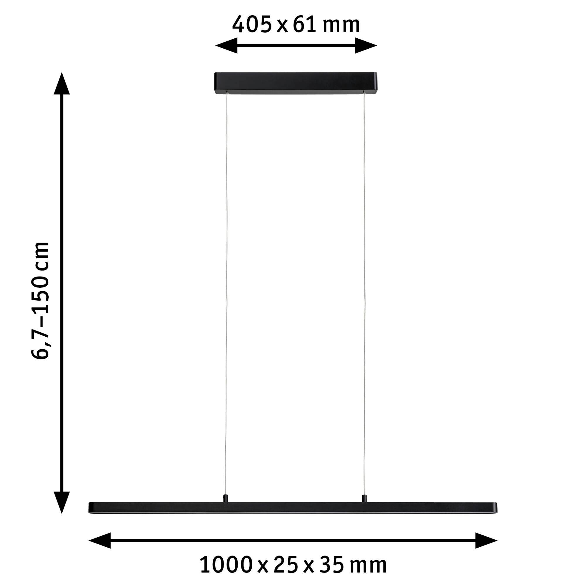 Črna, podolgovata viseča svetilka z nastavljivo višino (6,7–150 cm). Zgoraj: 405 x 61 mm. Spodaj: 1000 x 25 x 35 mm.