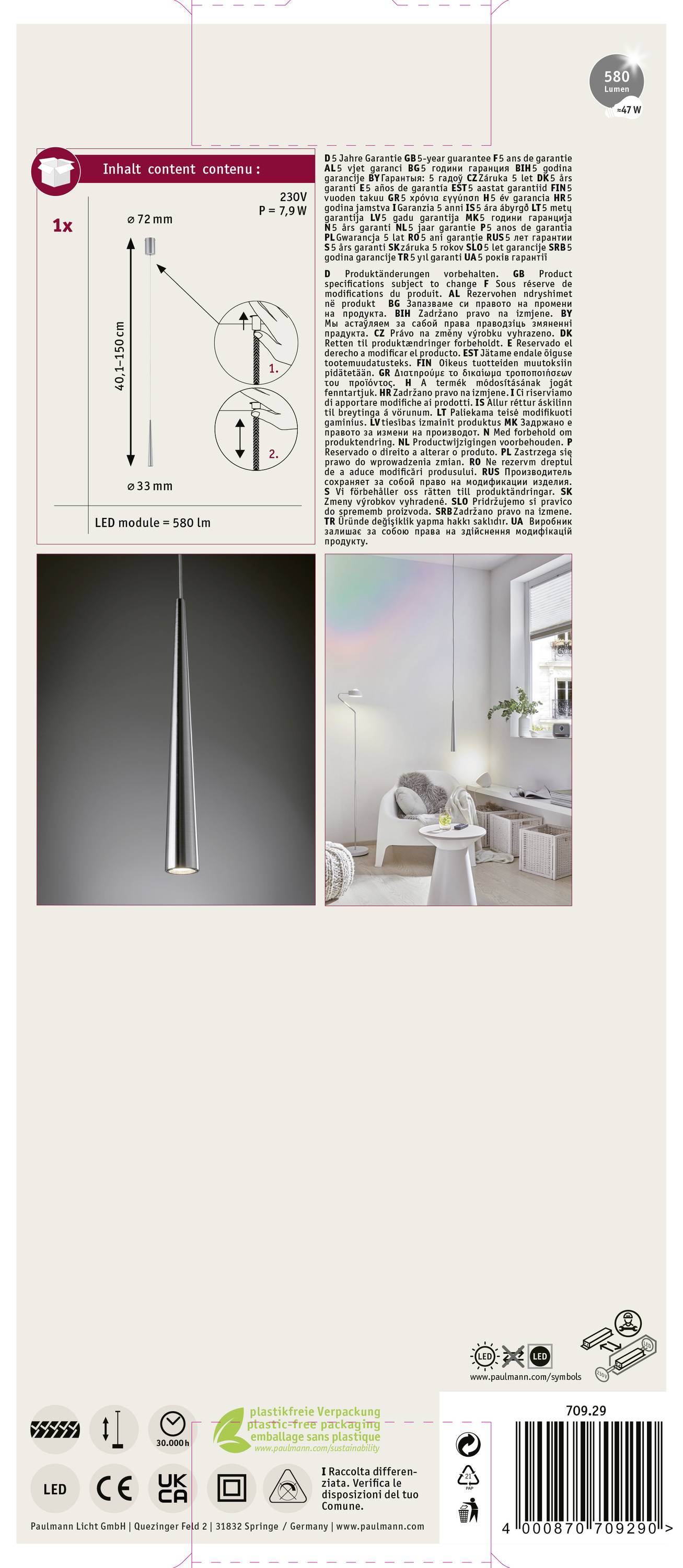 Svetilka z LED modulom, mere: 43 cm x 120 cm. Vsebuje instalacijski diagram in dve fotografiji: eno svetilke in eno svetilke v prostoru.