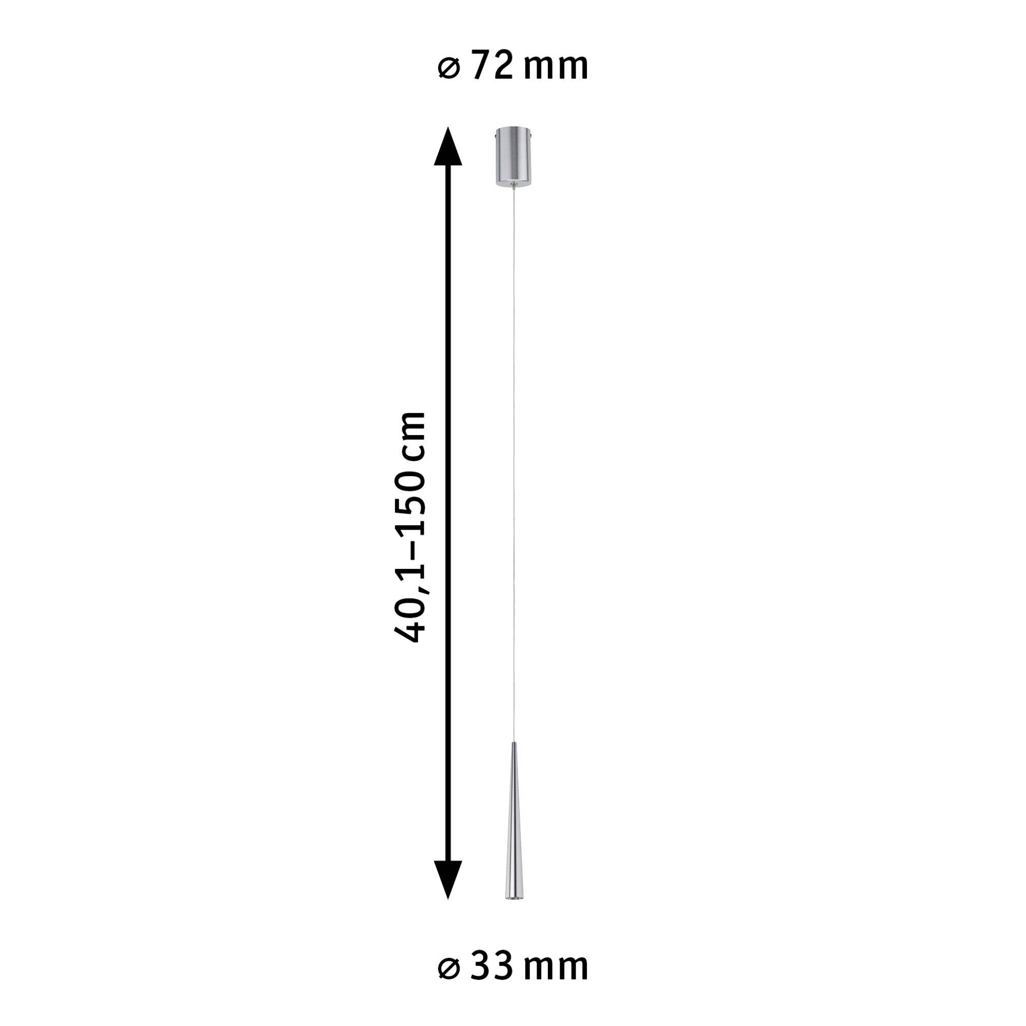 Prikaz dolgega, cilindričnega nihala z nastavljivo višino od 40,1 do 150 cm. Zgornji premer 72 mm; premer baze 33 mm.