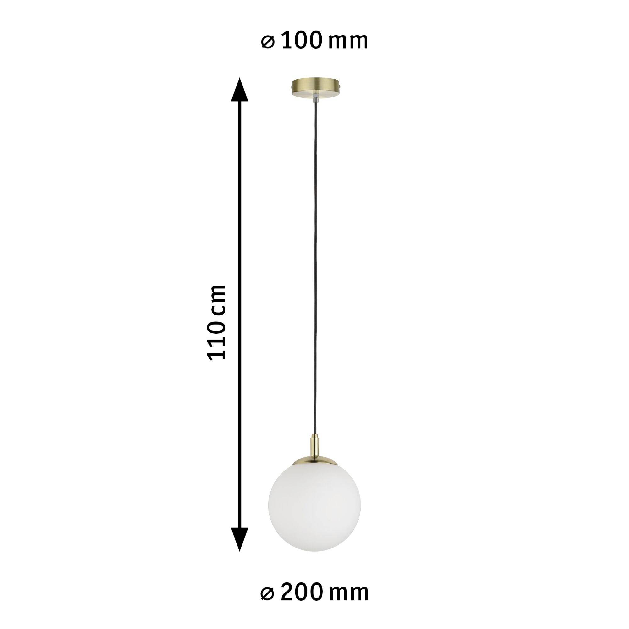 Kroglasta viseča svetilka s premerom 200 mm in obešanjem 110 cm, stropna pritrditev premera 100 mm.