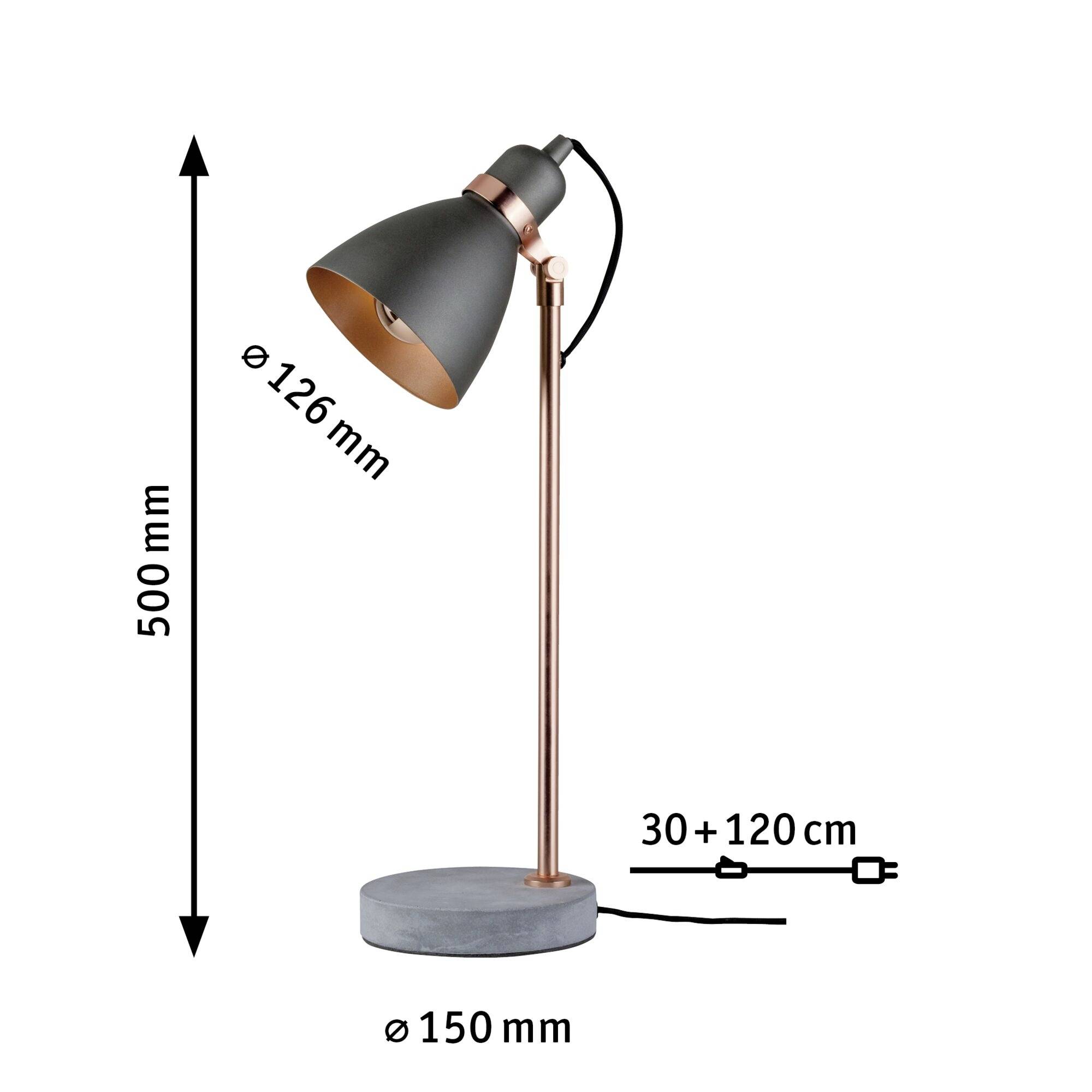 Namizna svetilka s črnim senčilom in bakrenasto kovinsko osnovo, višina 500 mm. Mere: senčilo 126 mm, osnova 150 mm, kabel 150 cm.