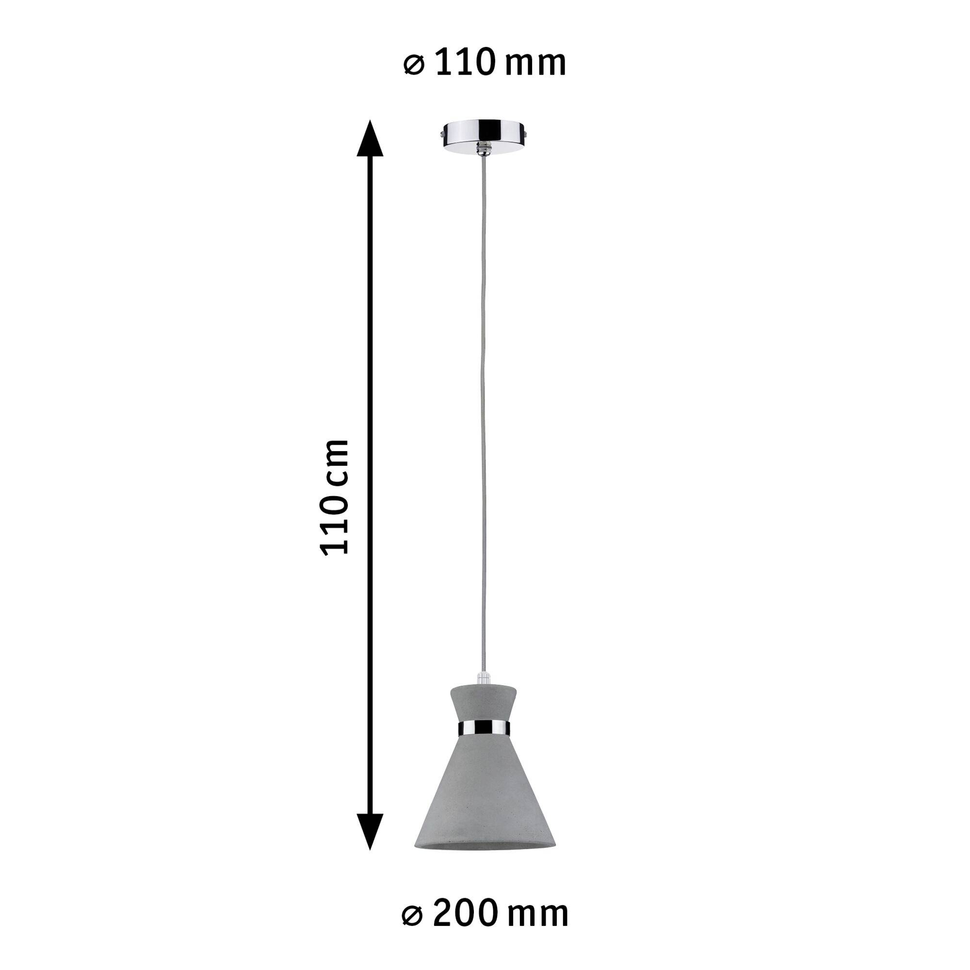 Viseča svetilka s sivim senčnikom, dolga 110 cm, stropni nosilec Ø 110 mm, senčnik Ø 200 mm. Primerna za sodobne prostore.