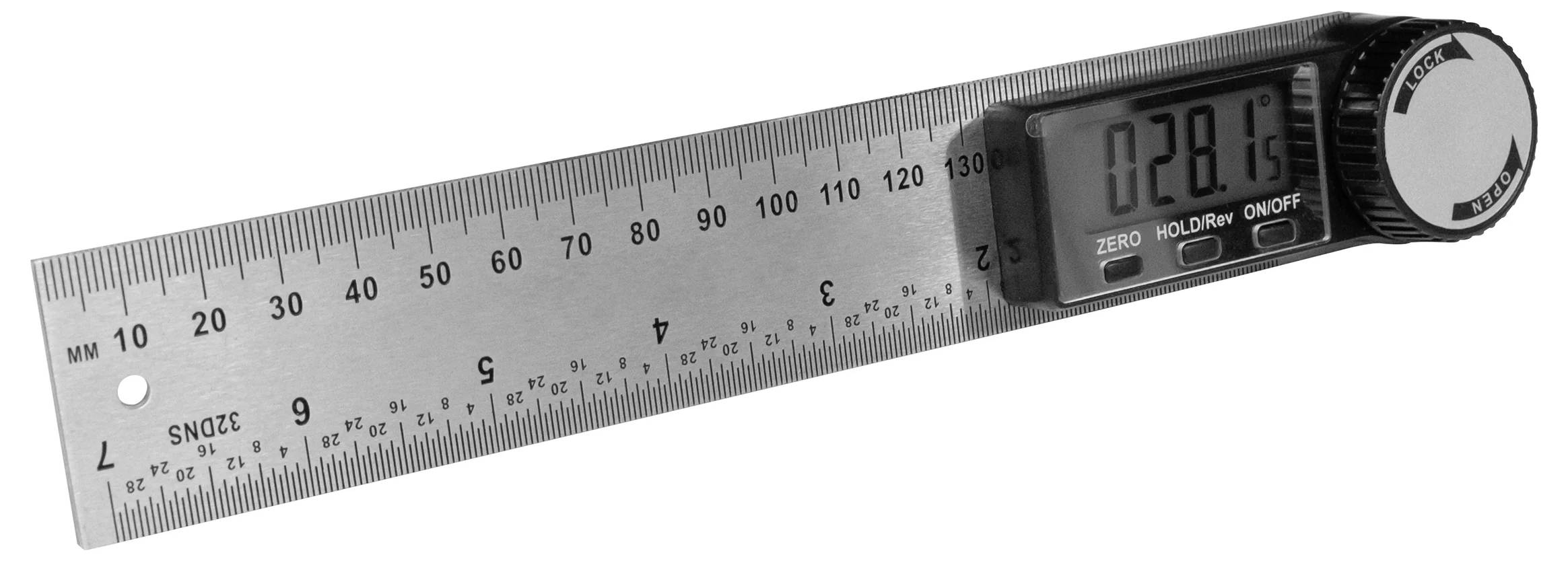 Digitalni kotomer z ravnilom in LCD zaslonom prikazuje 28,1 stopinj. Merilno območje je označeno v centimetrih in colah.