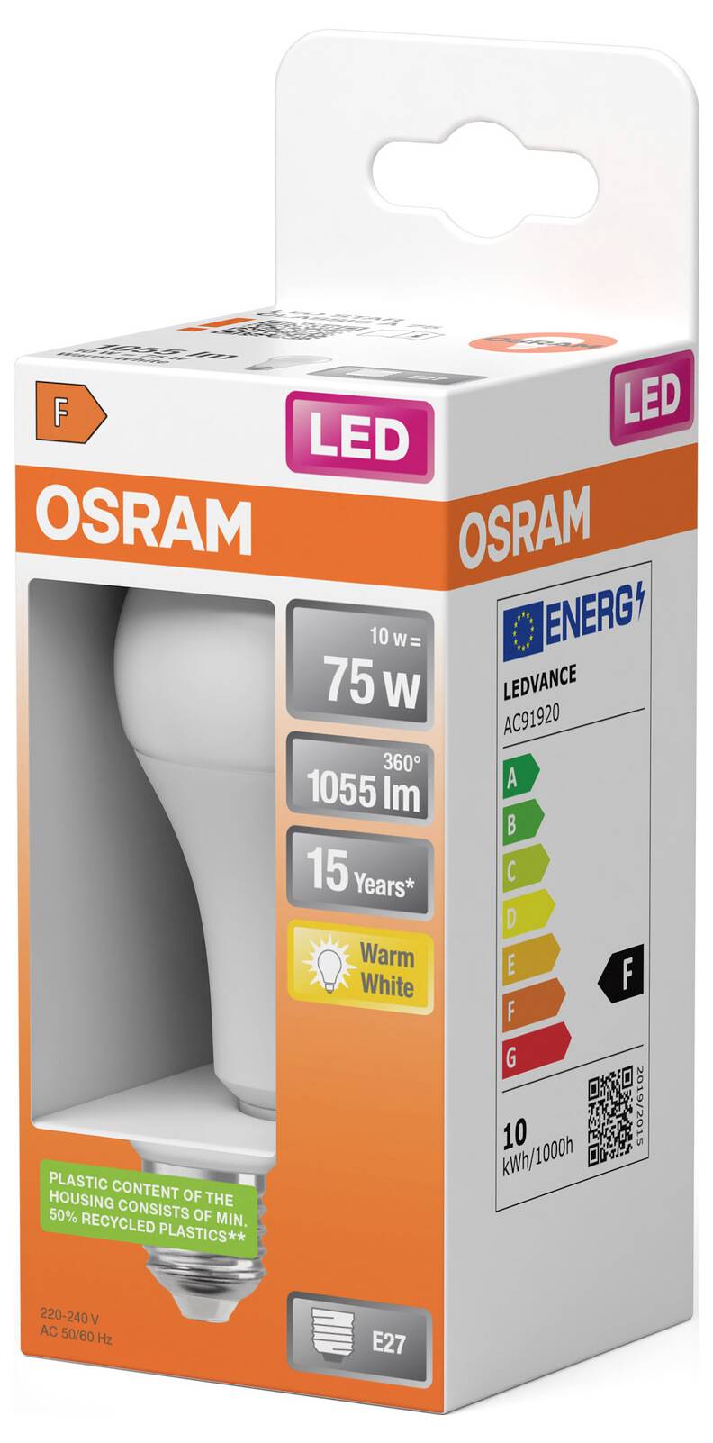Embalaža OSRAM LED svetilke, ki prikazuje 75W enakovredno toplo belo žarnico z E27 podnožjem in energijsko učinkovitostjo F.