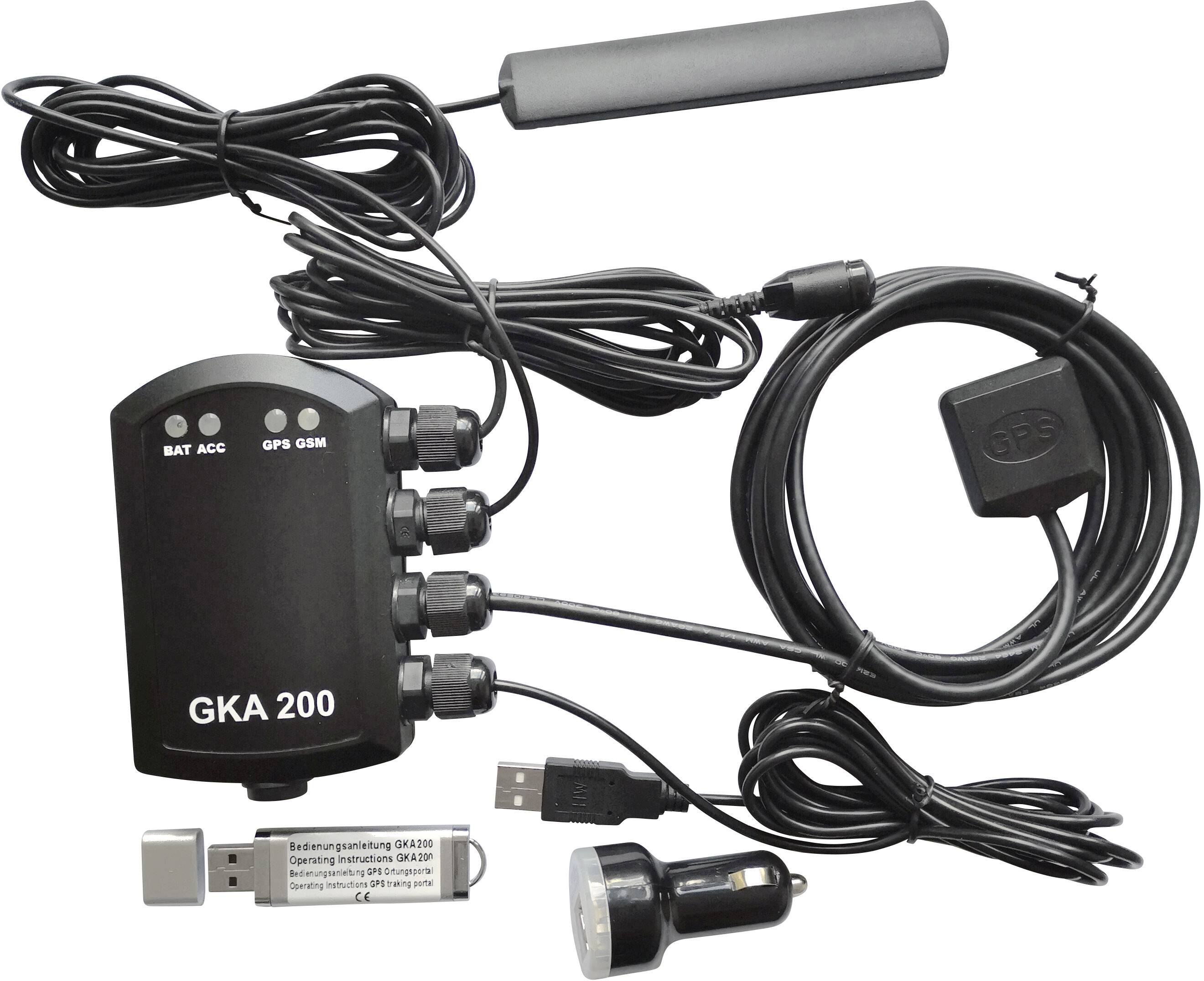 GPS-sledilna naprava GKA 200 s kabli in antenami, USB ključkom in lučjo. Uporablja se za sledenje vozil.