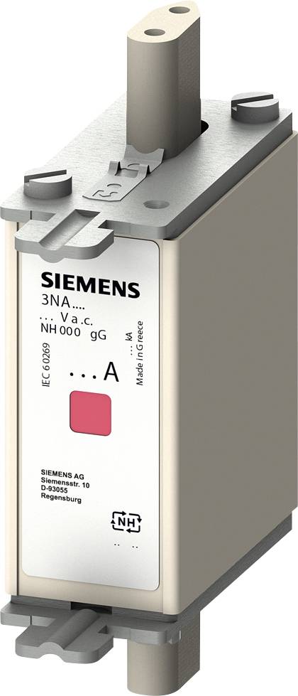 Varnostna varovalka Siemens tipa 3NA, velikosti NH 000, za napajanje izmenične električne energije.