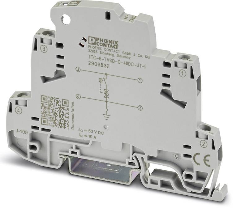 Sivo električno relejsko enoto znamke Phoenix Contact z napisom in QR-kodo, primerno za 53 V enosmernega toka, 10 A.