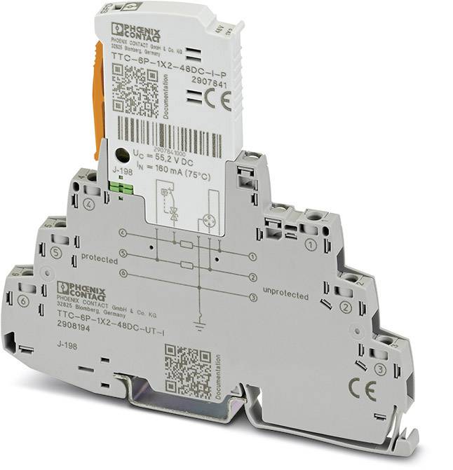 Naprava za zaščito pred prenapetostjo podjetja Phoenix Contact, siva, za montažo na DIN letev. Model: TTC-6P-1X2-48DC-UT.