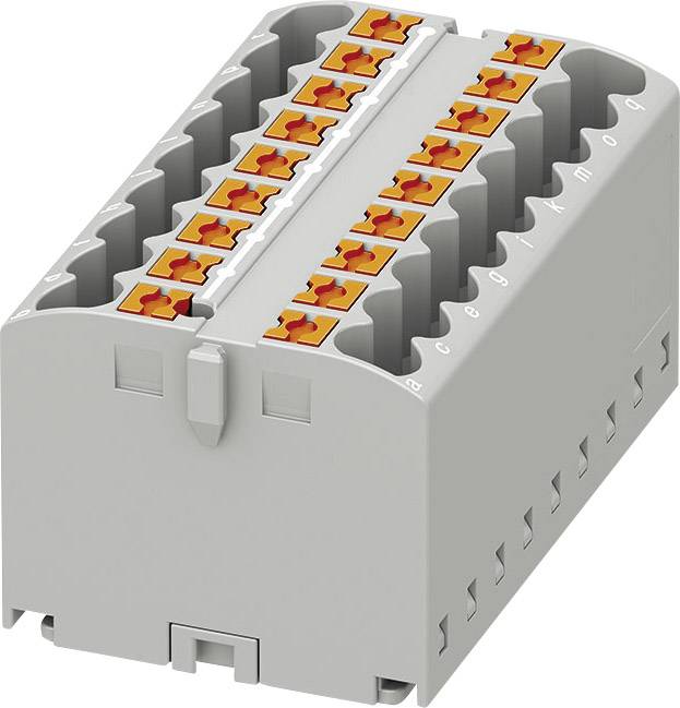 Elektronski priključek z dvema vrstama oranžnih sponk v sivi ohišju za električne povezave.