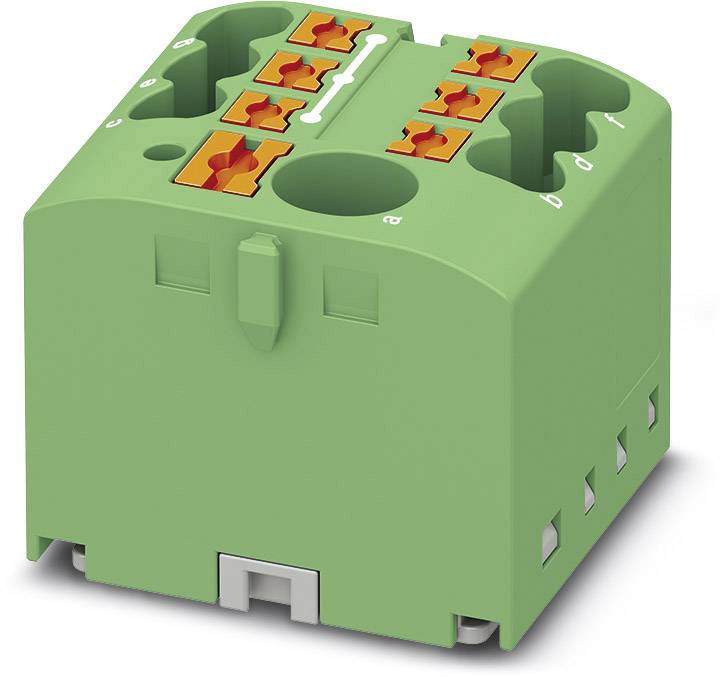 Zeleni električni priključni blok z osmimi oranžnimi sponkami, primeren za električno povezovanje in ožičenje.