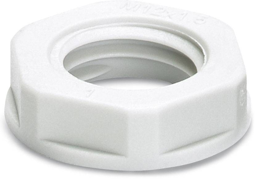 Šestroba matica iz belega plastičnega materiala z navojno luknjo, označena z 'M12x1.5', prikazuje standardno velikost in obliko za pritrjevanje.