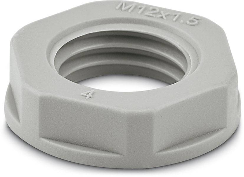 Siva šestkotna matica z navojem, velikost M12x1.5 vtisnjeno, primerna za industrijske aplikacije.