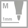 Piktogram konice pisala z napisom M 1mm, verjetno za označevanje srednje širine 1 mm za pisala.