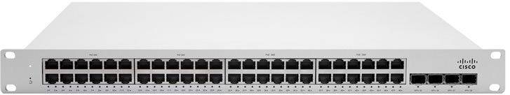 Mrežno stikalo s 48 Ethernet-priključki in 4 SFP-priključki, primerno za upravljanje podatkov in omrežne povezave v podjetjih.