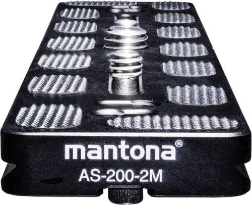Kovinska hitro zamenljiva plošča z napisom 'mantona AS-200-2M', navojem na sredini in protizdrsno strukturo surface.
