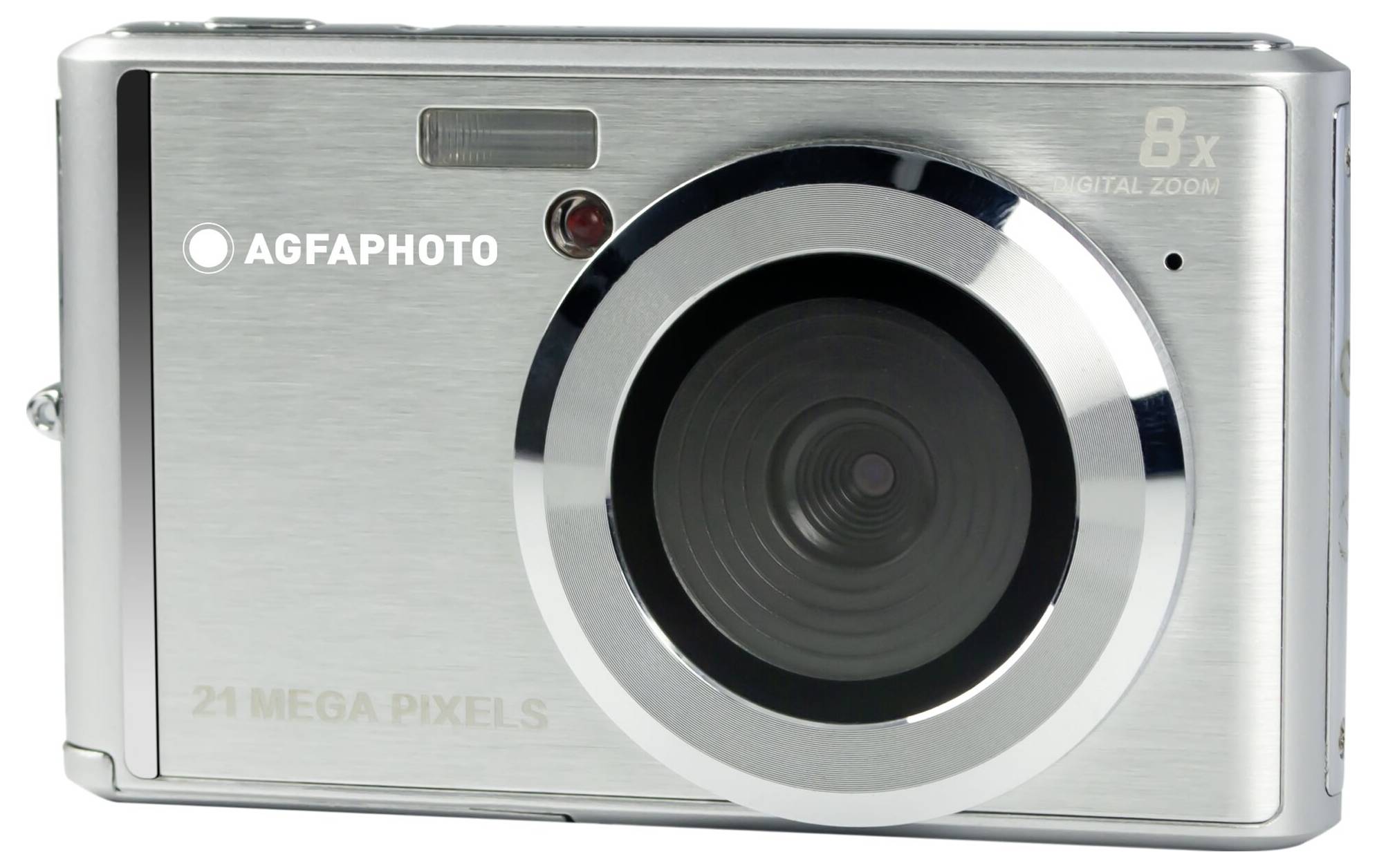 Srebrn digitalni fotoaparat z napisom 'Agfaphoto'. Glavna značilnost: 8x digitalni zoom, 21 megapikslov.