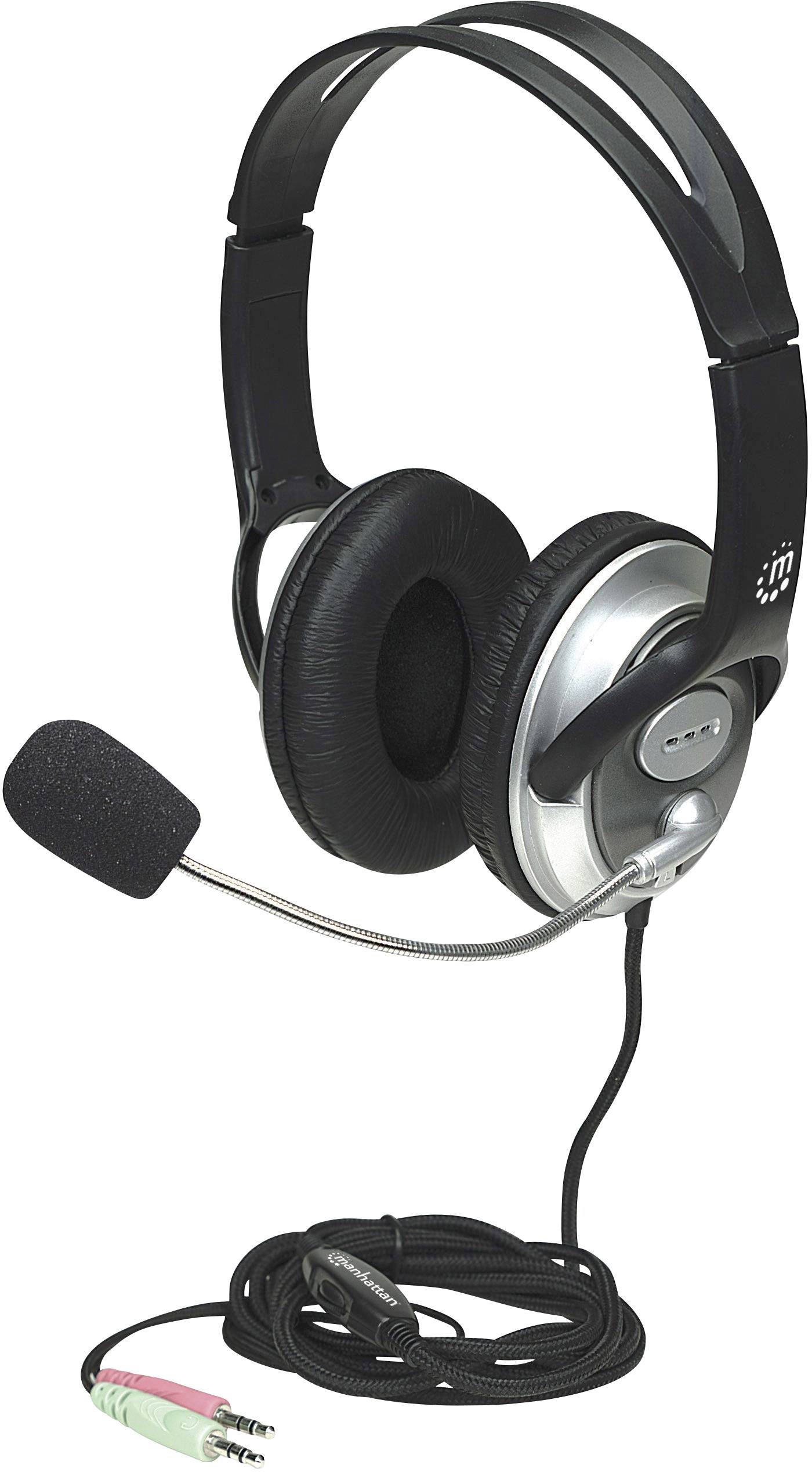 Črne naglavne slušalke z mikrofonom na loku in kablom z dvema priključkoma. Primerne za audio in govorno komunikacijo.