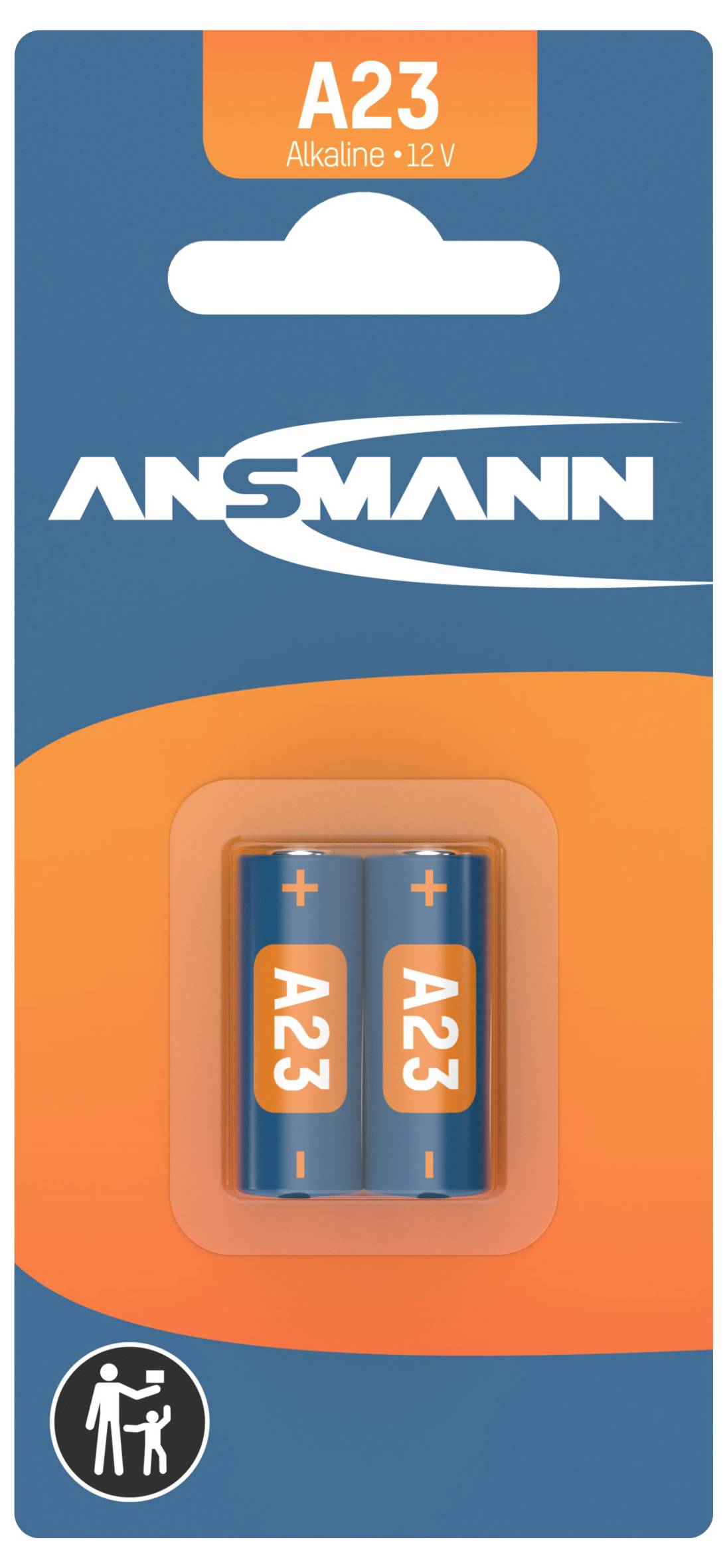 ANSMANN A23 alkalne 12V baterije v oranžno-modri embalaži, dve bateriji vidni, simbolični napotki za odstranjevanje spodaj levo.