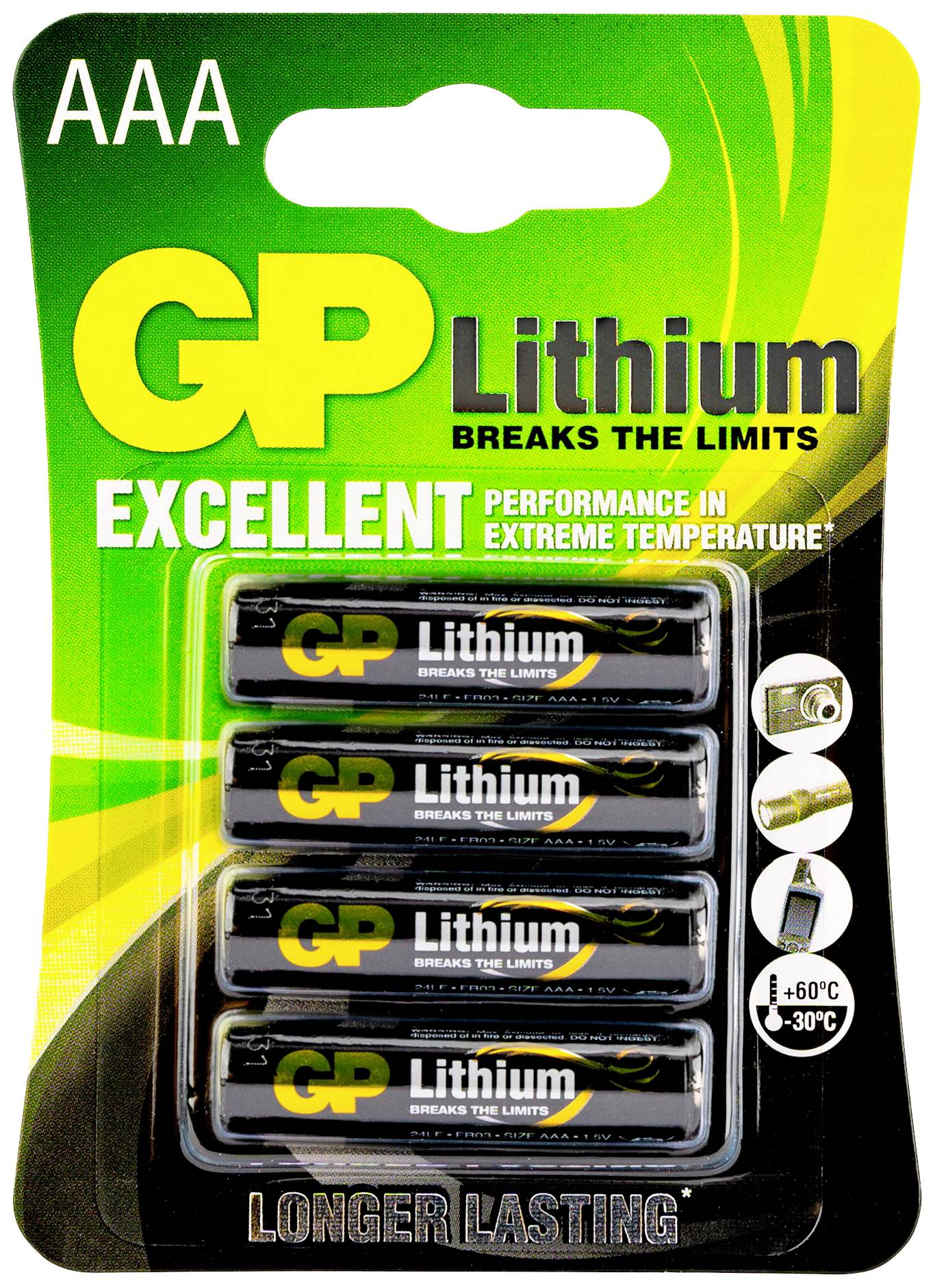Štiri AAA GP litijeve baterije v embalaži. Besedilo: 'GP Lithium', 'ODLIČNO', 'UČINKOVITOST V EKSTREMNIH TEMPERATURAH', '-60°C do +60°C'.